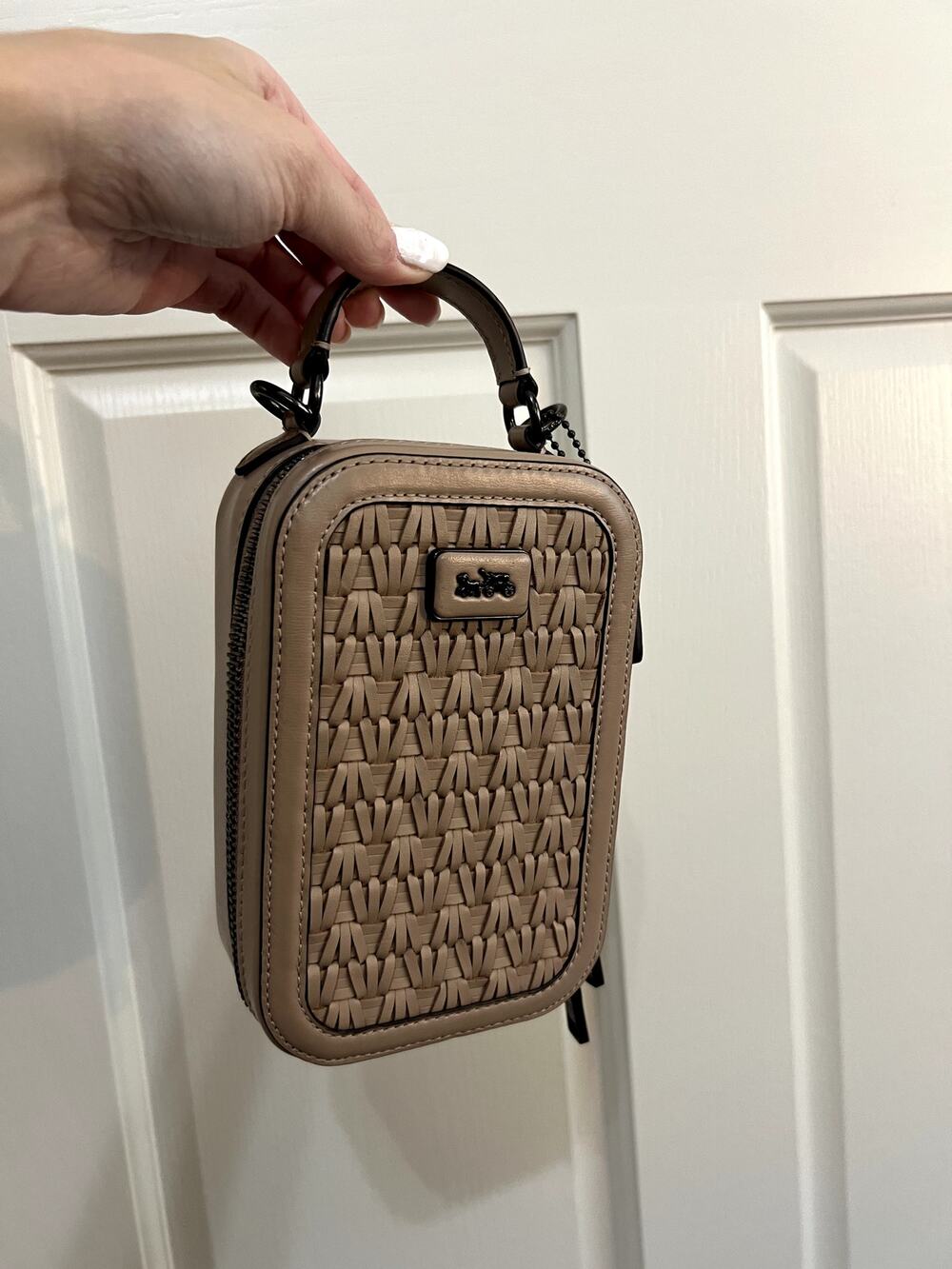 Coach Alie Camera Bag Taupe Woven Leather Purse